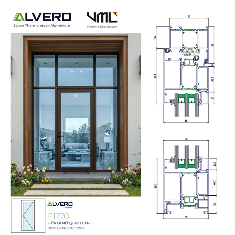 nhôm alvero er70 cửa đi mở quay 1 cánh