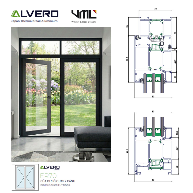 Nhôm alvero er70 cửa đi mở quay 2 cánh
