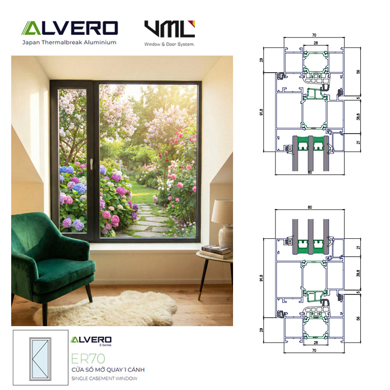 Nhôm ALVERO ER70 cửa sổ mở quay 1 cánh