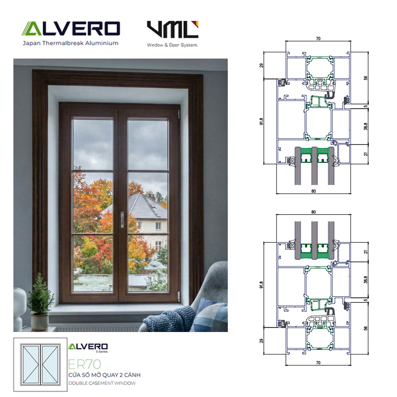 Nhôm ALVERO ER70 cửa sổ mở quay 2 cánh